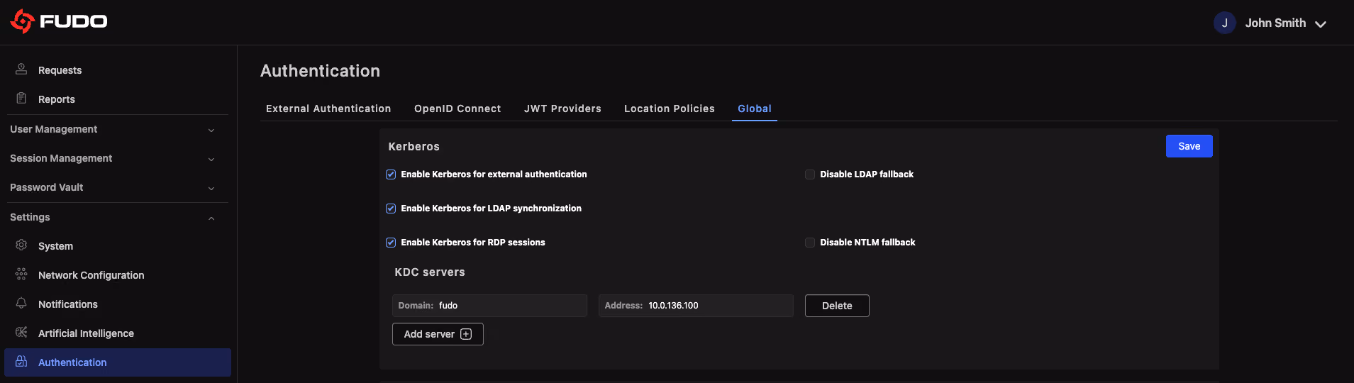 Fudo Enterprise Authentication settings – Kerberos enabled for external authentication, LDAP synchronisation and RDP sessions, with LDAP and NTLM fallback controls and a KDC server entry
