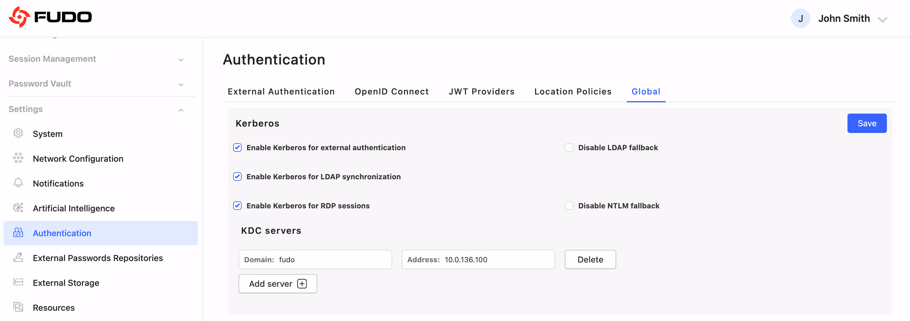 Fudo Enterprise Authentication settings – Kerberos enabled for external authentication, LDAP synchronisation and RDP sessions, with LDAP and NTLM fallback controls and a KDC server entry