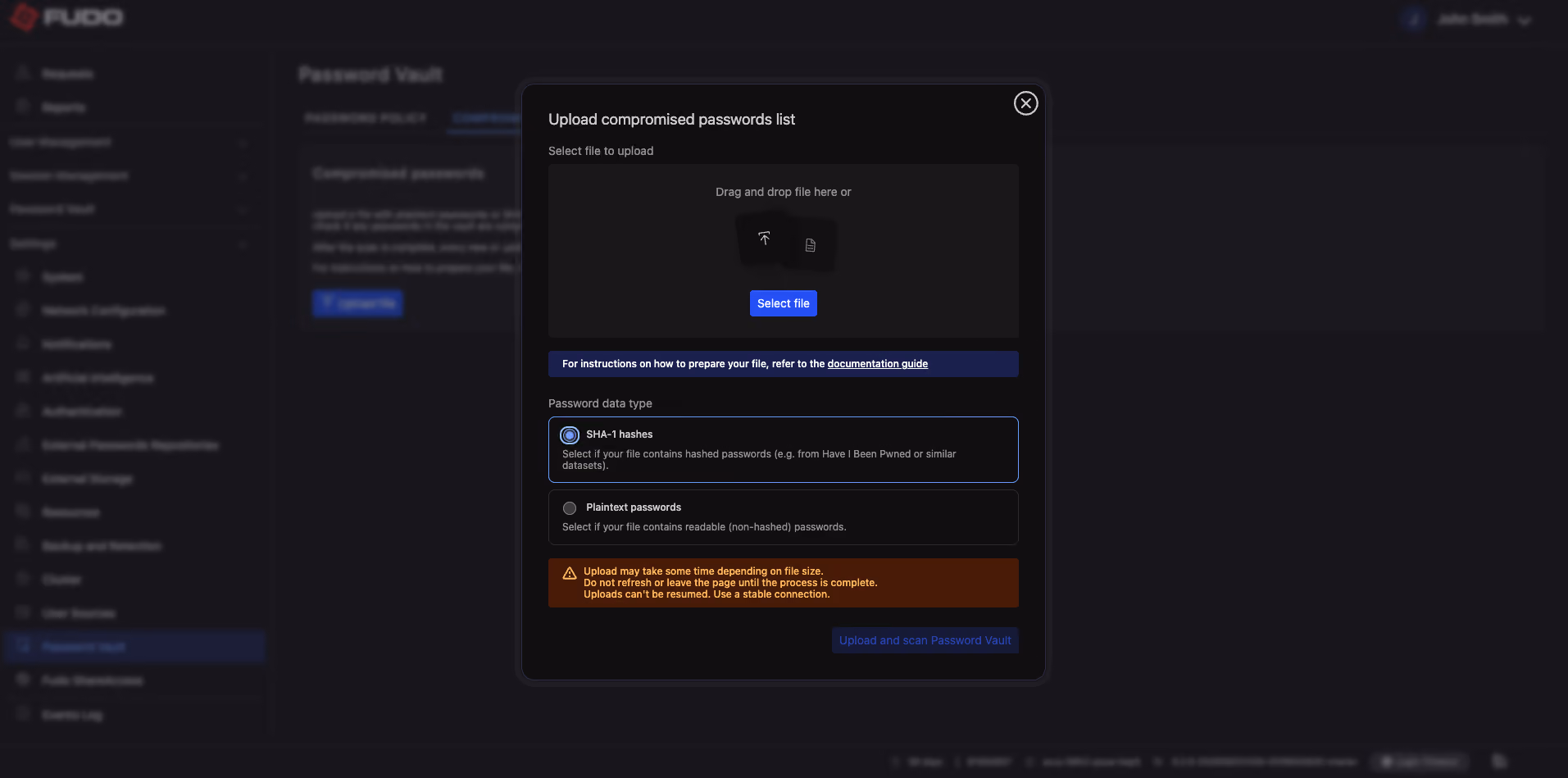 Fudo Enterprise Password Vault – uploading a compromised password list as SHA-1 hashes to scan stored credentials against known breaches