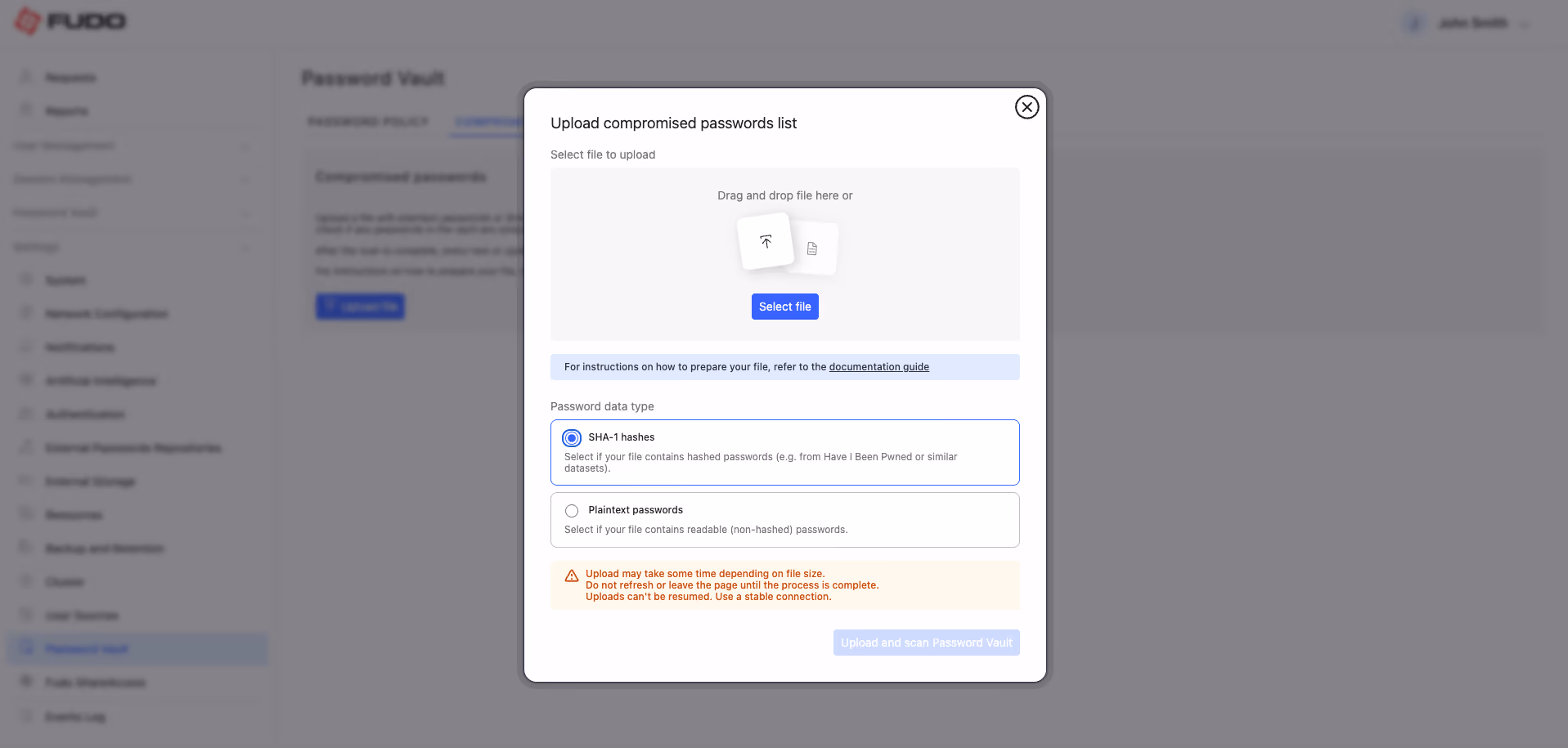 Fudo Enterprise Password Vault – uploading a compromised password list as SHA-1 hashes to scan stored credentials against known breaches