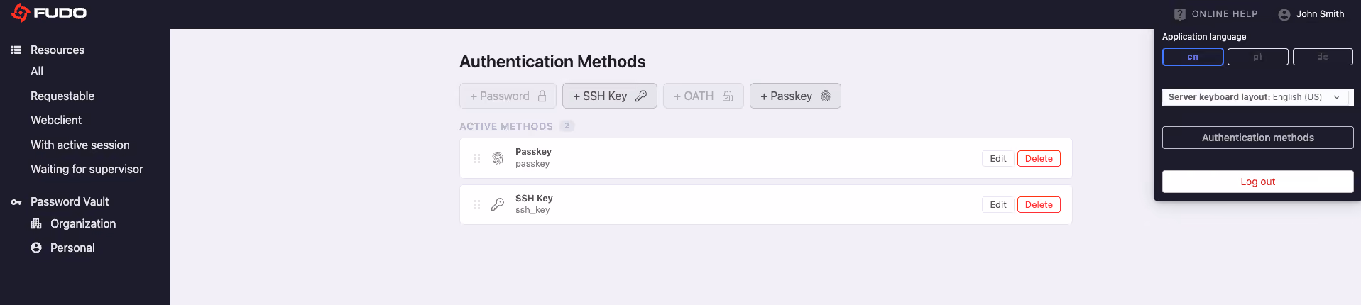 Fudo self-service portal – a user managing their own authentication methods, with a passkey and SSH key registered