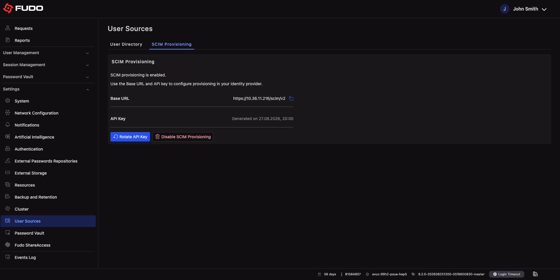 Fudo Enterprise User Sources – SCIM provisioning enabled, with the base URL and API key controls for connecting an identity provider such as Entra ID or Okta